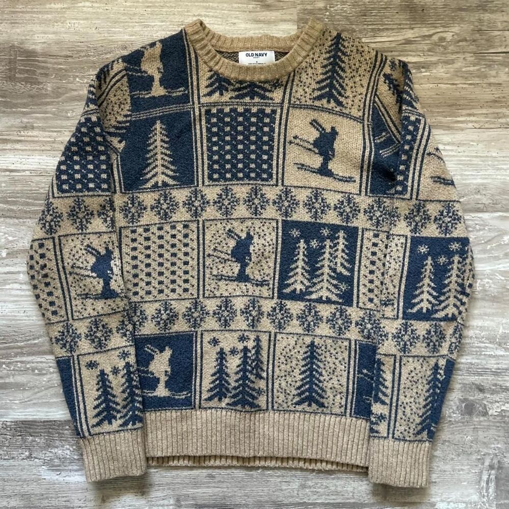 Old Navy Men's blue & tan ski patchwork winter wear knitwear sweater